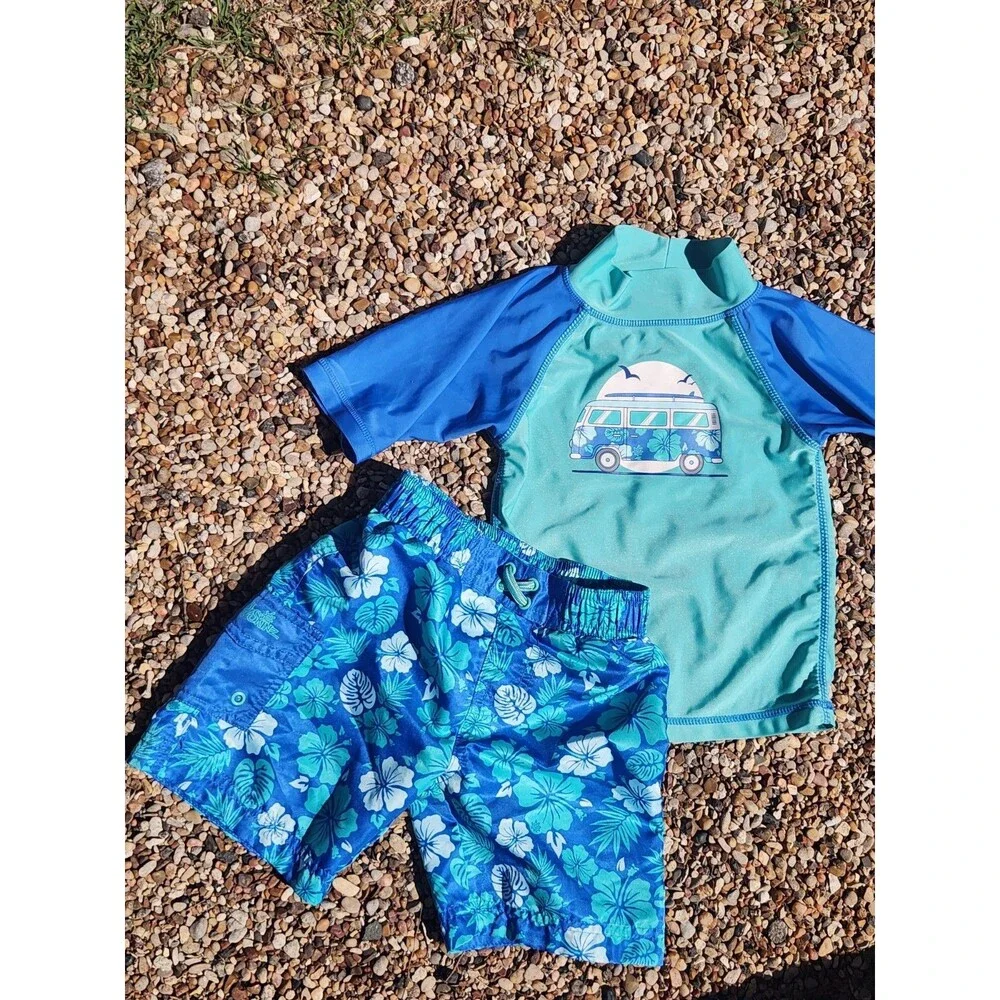 UV SKINZ Boys 2 Piece Tropical Swim Set Blue Hawaiian Floral 4T UPF 50+ Swimwear
